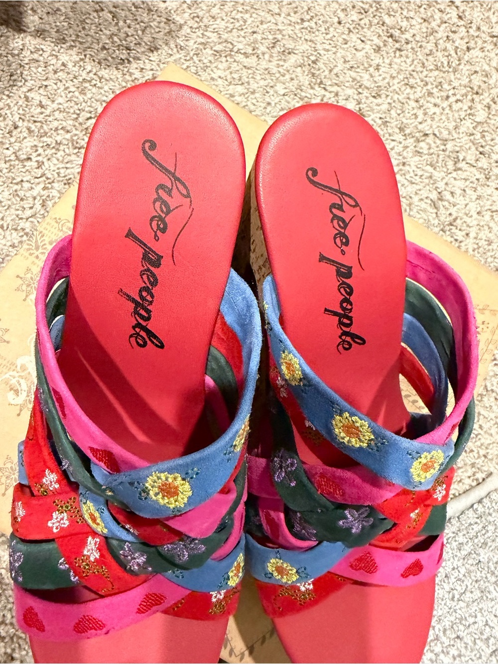 Free People Multicolor Embroidered Cork Platform Sandal - Pink, Blue, Red, Green - Picture 4 of 6
